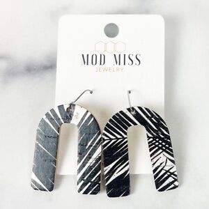 Cork+Leather Arch Earring "Black & White Tropical Palm" NEW WITH TAGS